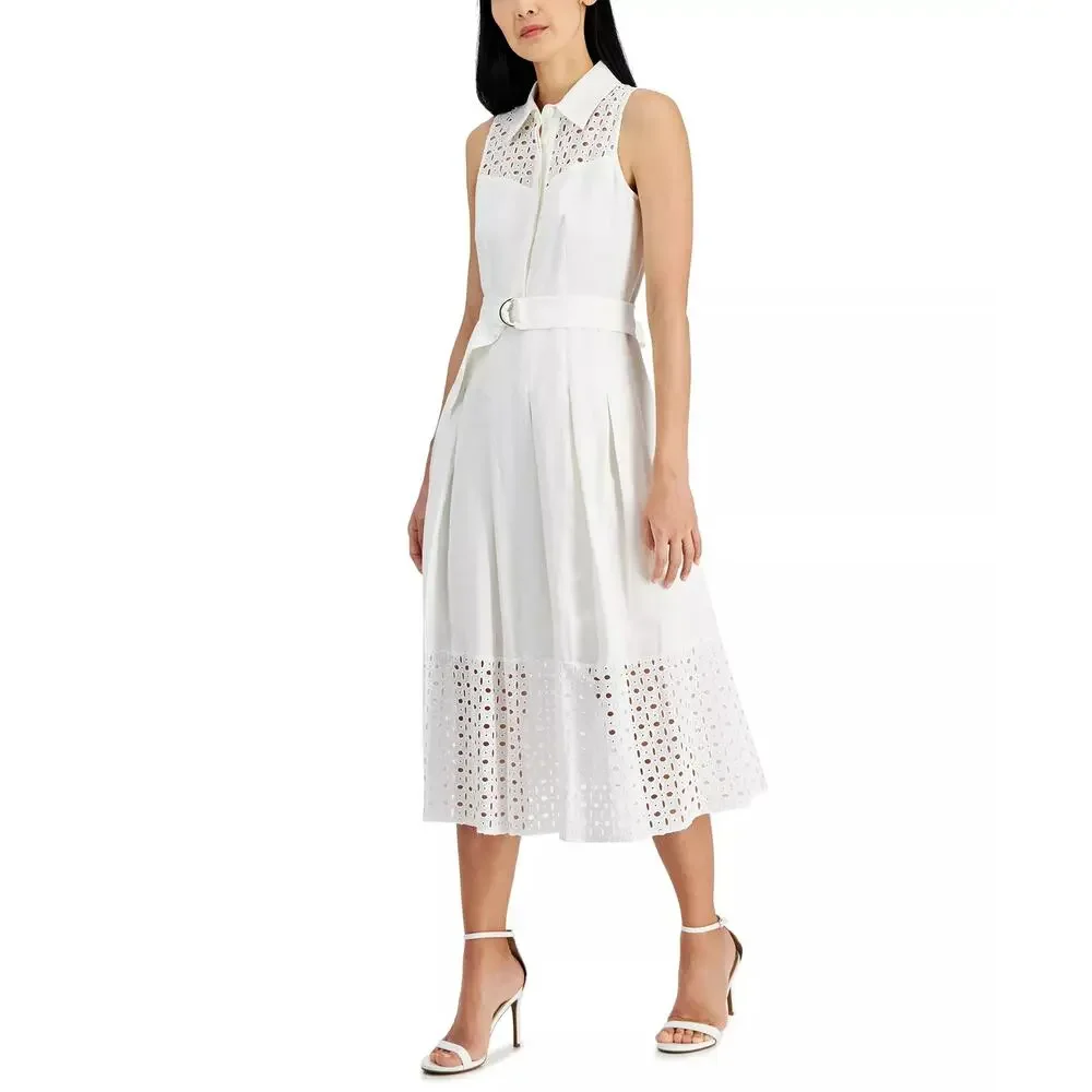anne klein linen dress Anne Klein | Dresses | Anne Klein Linen Blend Eyelet Embroidered Belted  Pleated Dress White 8 Nwt